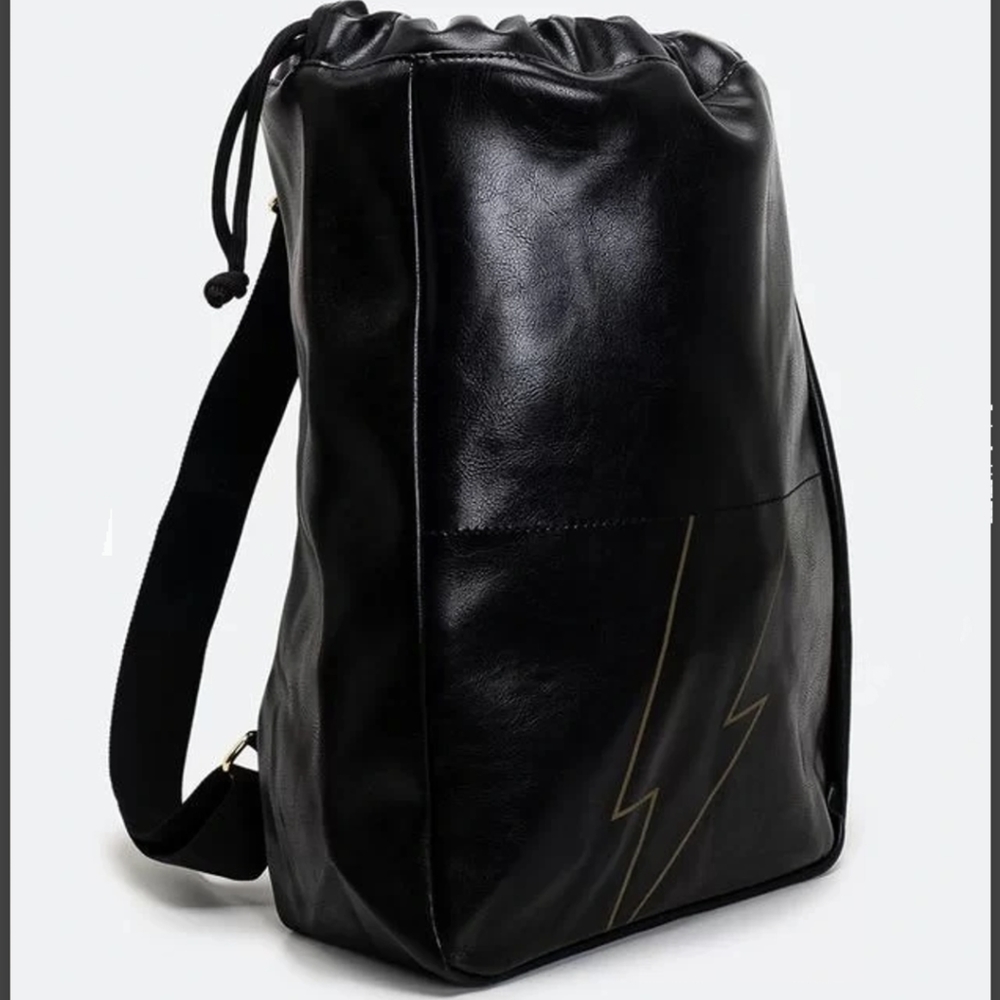 Carolina Herrera NY Bad Boy Lighting Bolt Black Faux Leather Drawstring Backpack